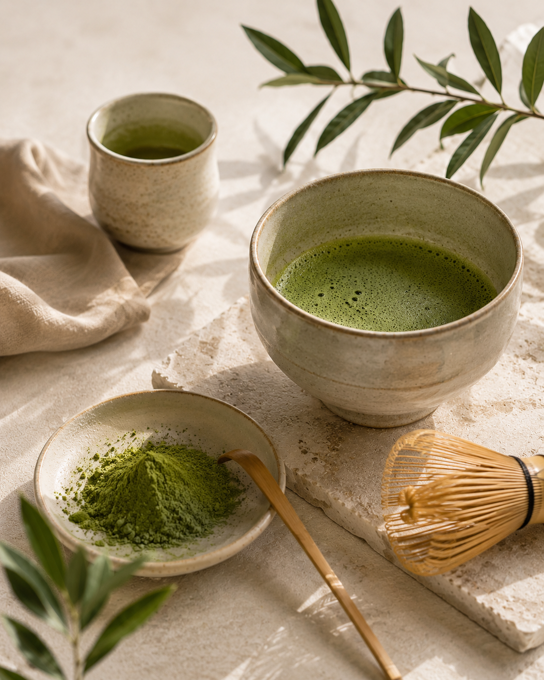 Ceremonial grade matcha with traditional whisk