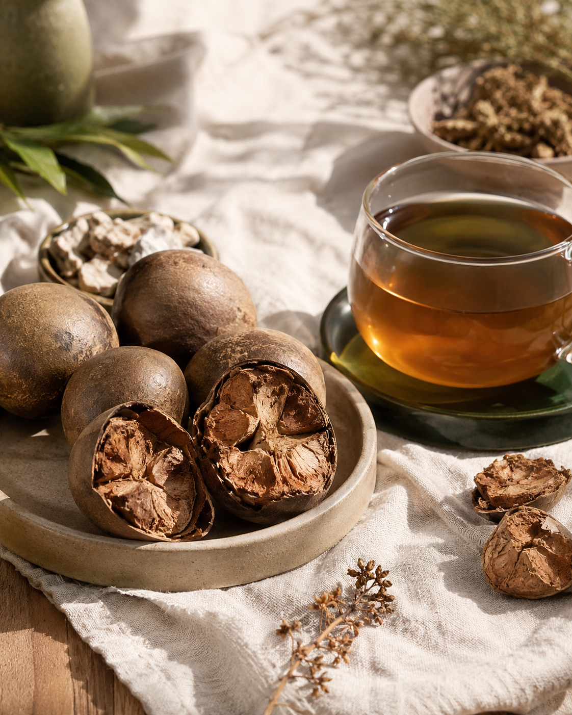 Monk fruit wellness tea with dried luo han guo and botanical ingredients