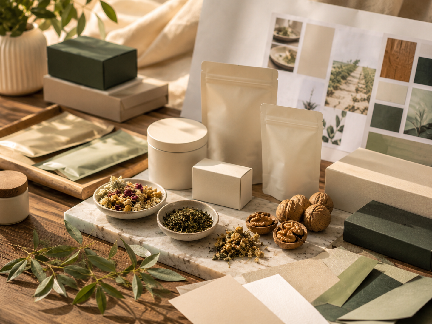 Private label packaging atelier with samples and concept materials