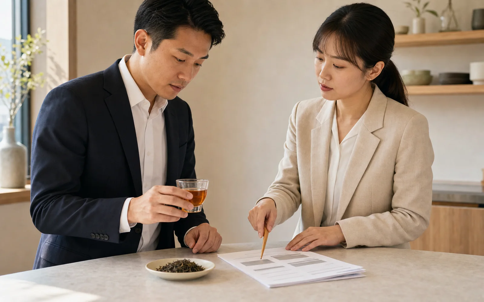A technical buyer and tea developer reviewing a small drink sample and specification notes