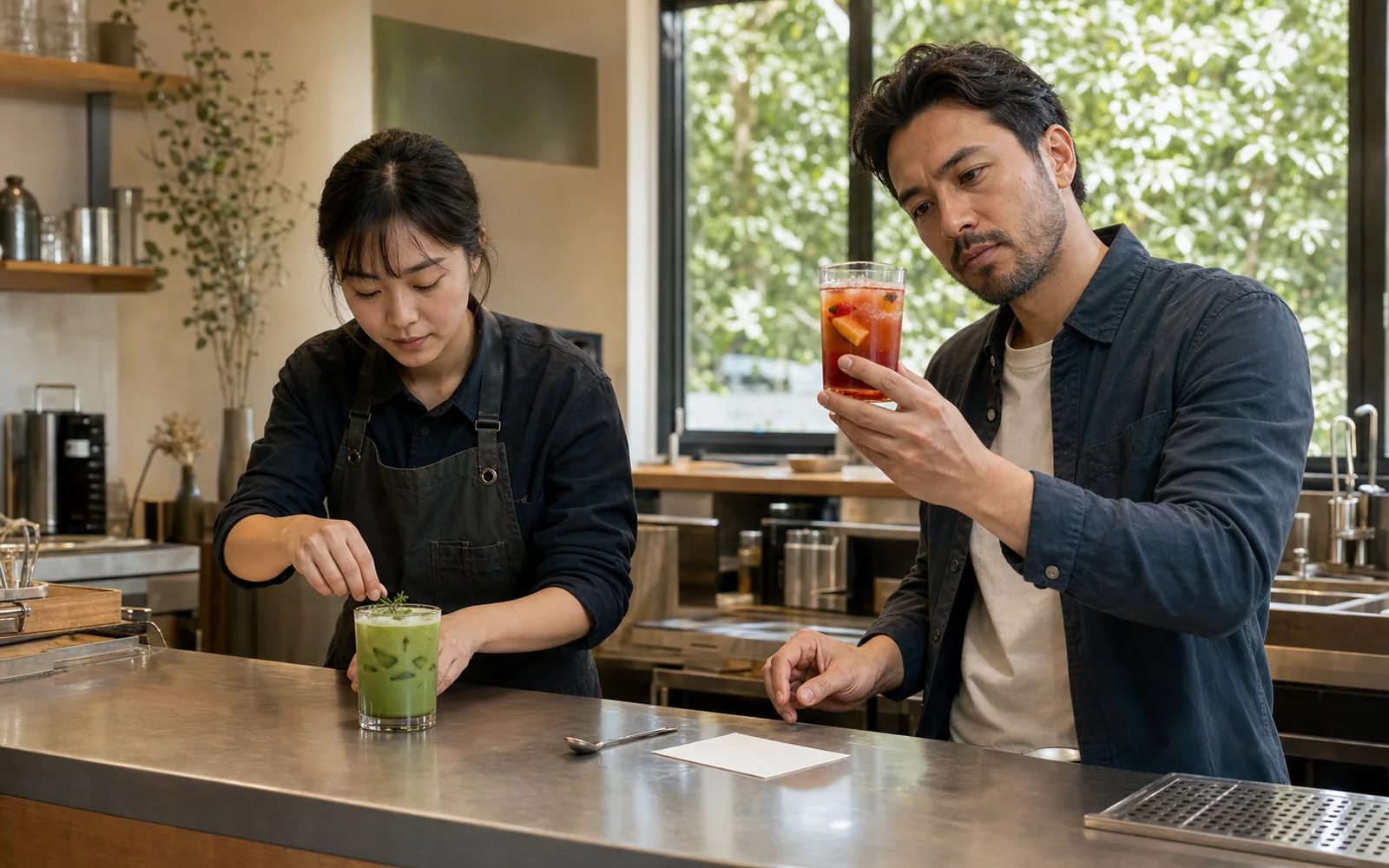 A beverage developer and barista evaluating matcha and fruit infusion drinks
