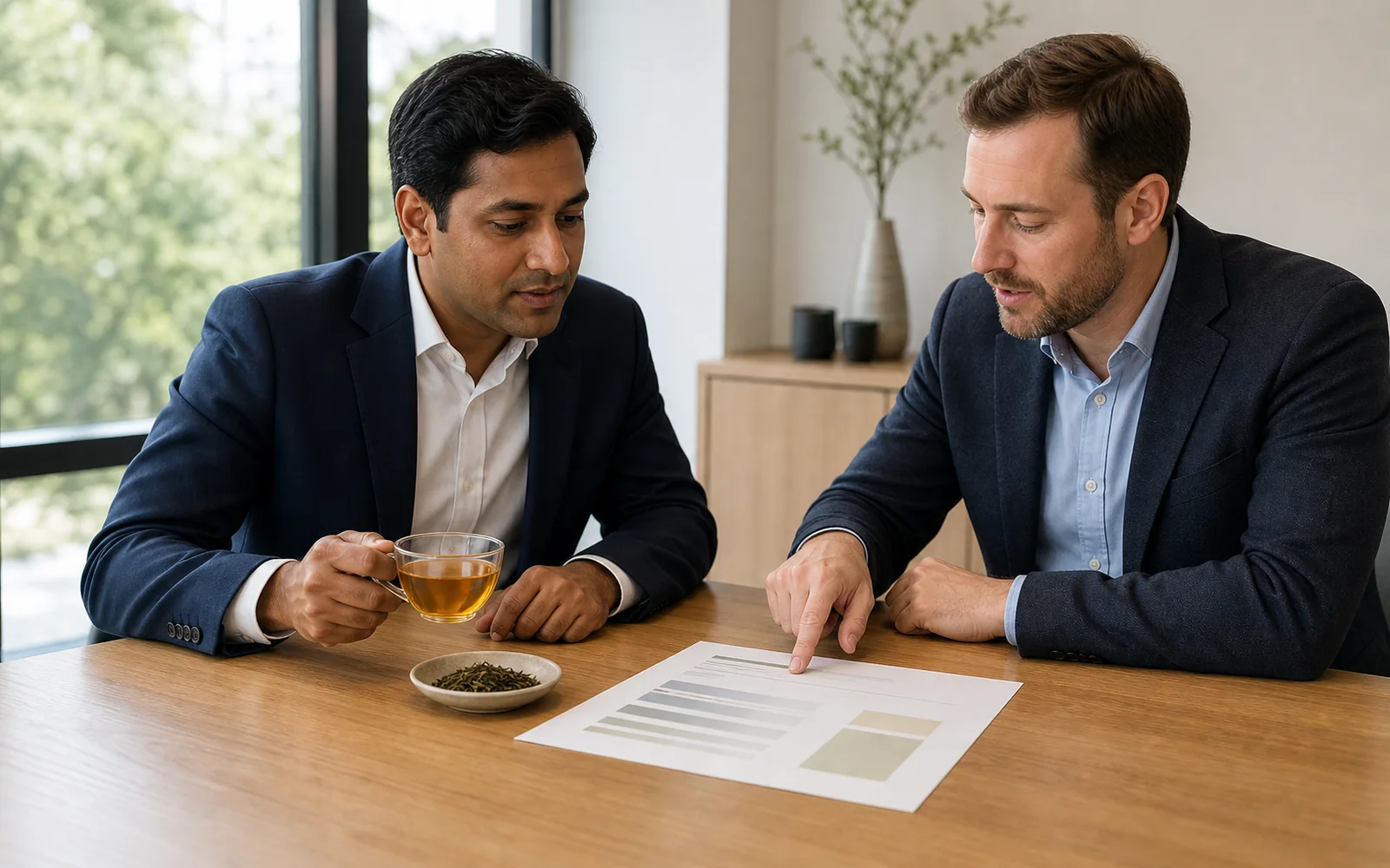 Two tea buyers comparing a brewed tea, an ingredient sample, and a range sheet