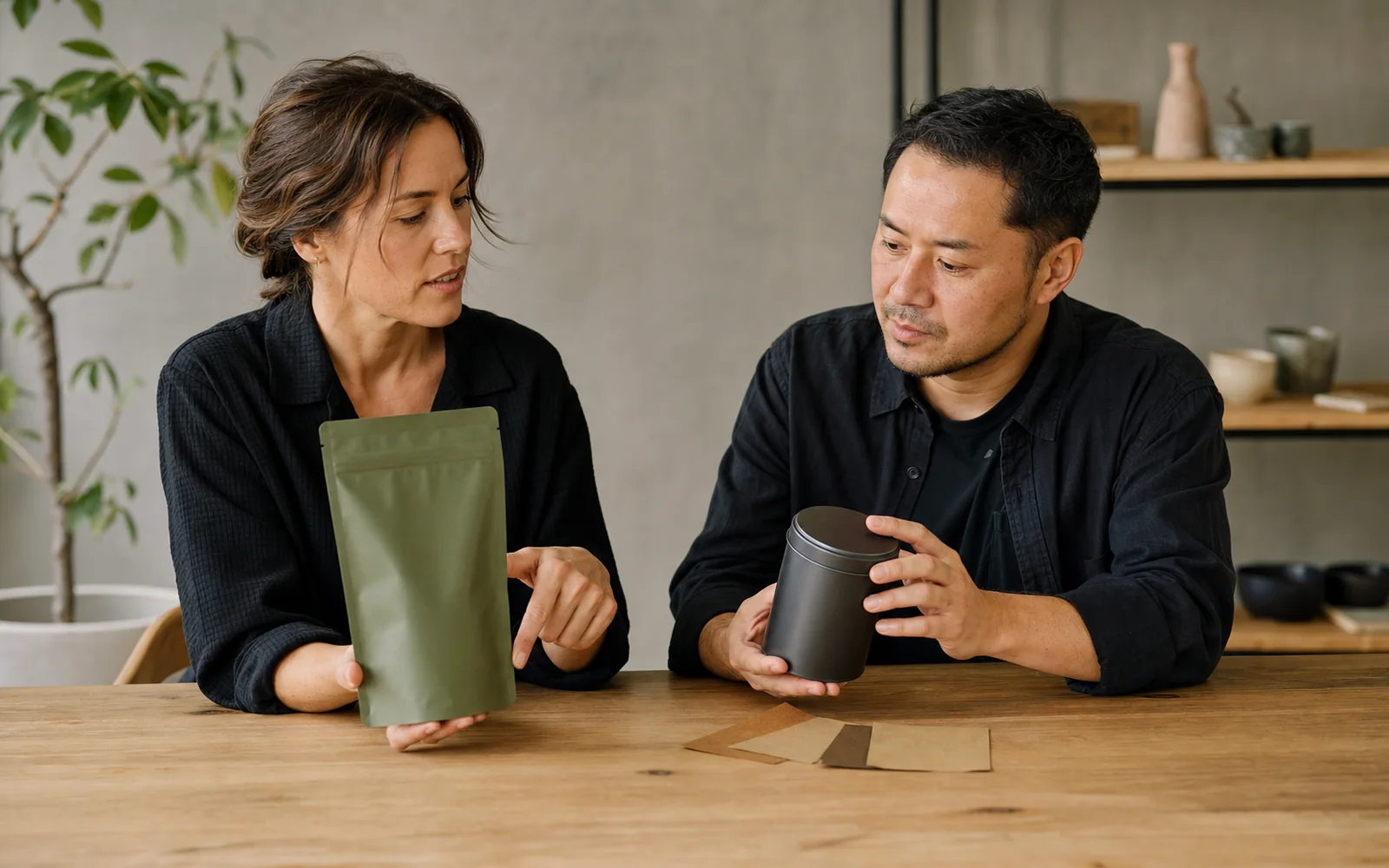 A founder and product developer reviewing tea and unbranded packaging prototypes