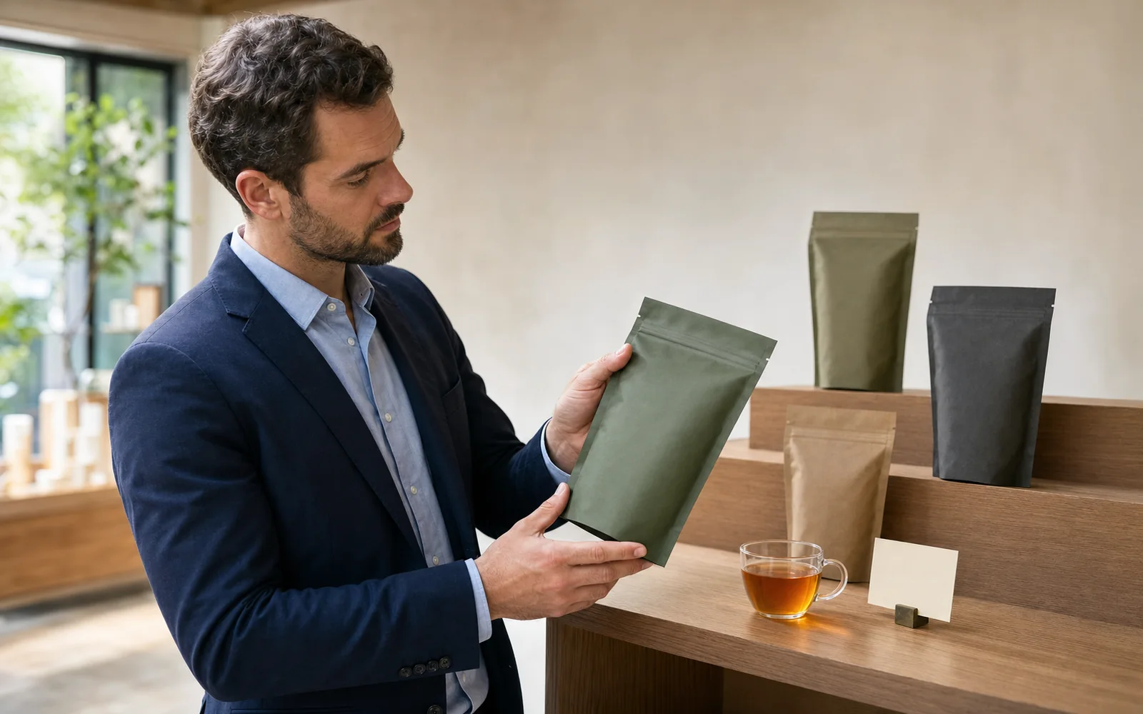 A retail buyer comparing one muted green tea pack with three staggered shelf packs, amber tea, and a blank range card