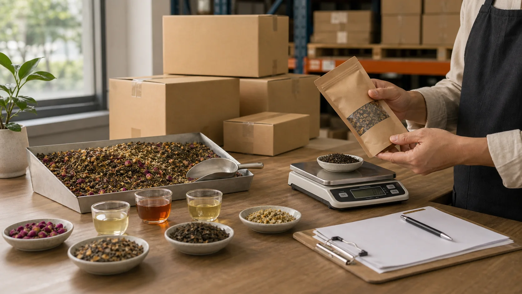 A bulk tea sample desk with cartons, loose tea ingredients, sample cups, and a scale