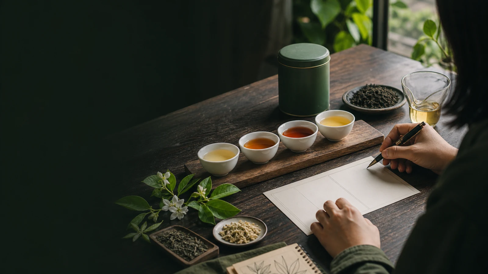 One person comparing four brewed tea samples and a blank route card at a tea development desk