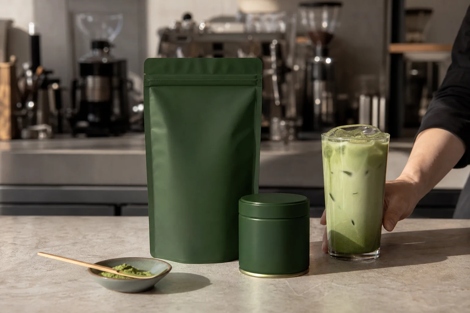 A matte green cafe supply pouch and tin beside an iced matcha drink on a working cafe counter