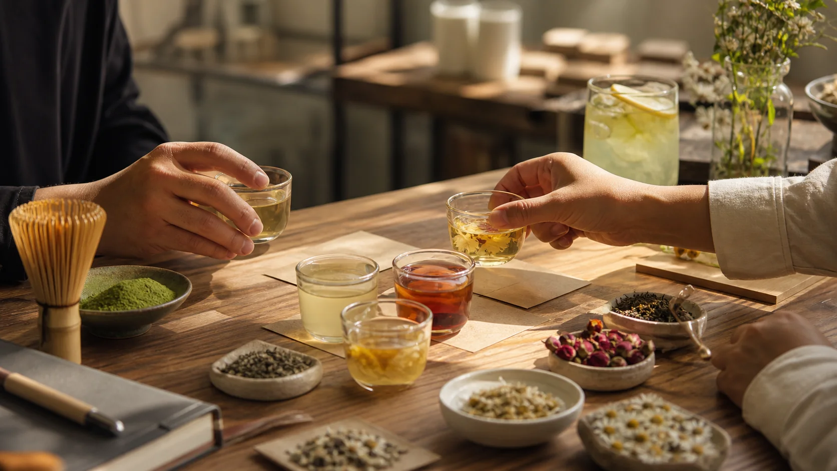 Hands reviewing brewed tea samples and botanical ingredients in a tea development studio