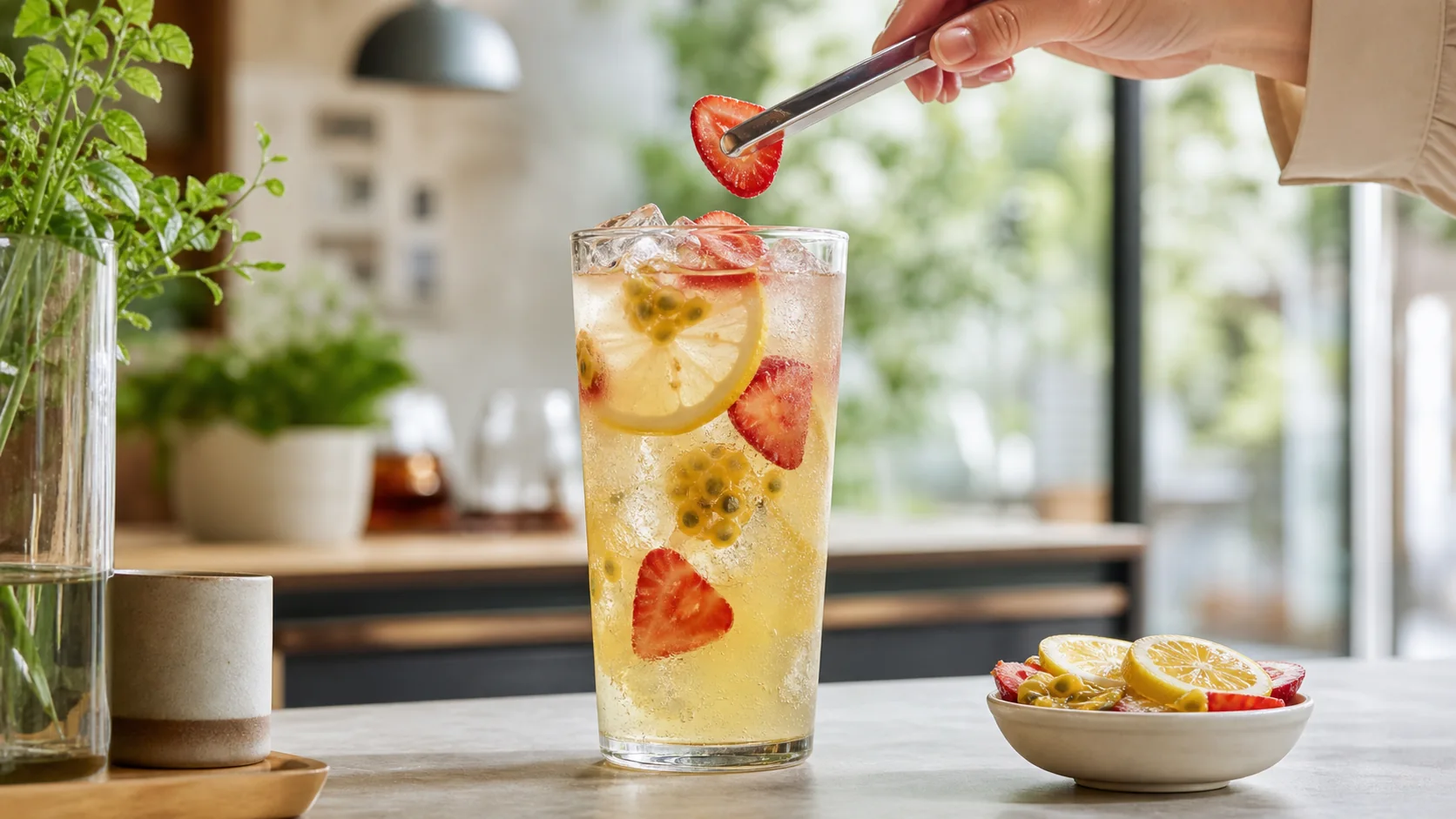 A hand adding freeze-dried fruit to a tall cold brew fruit tea glass