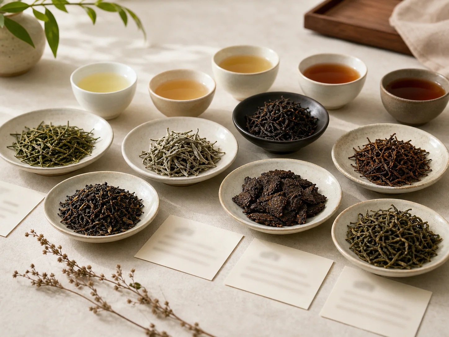 Different Chinese tea leaves and brewed tea samples arranged for category development