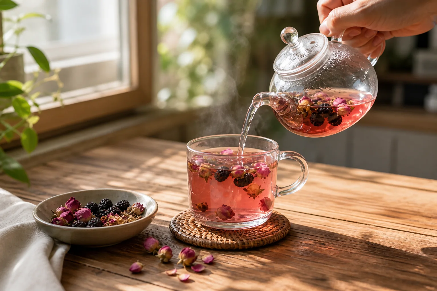 Hot water being poured into a rose and mulberry herbal tea cup near a bright window