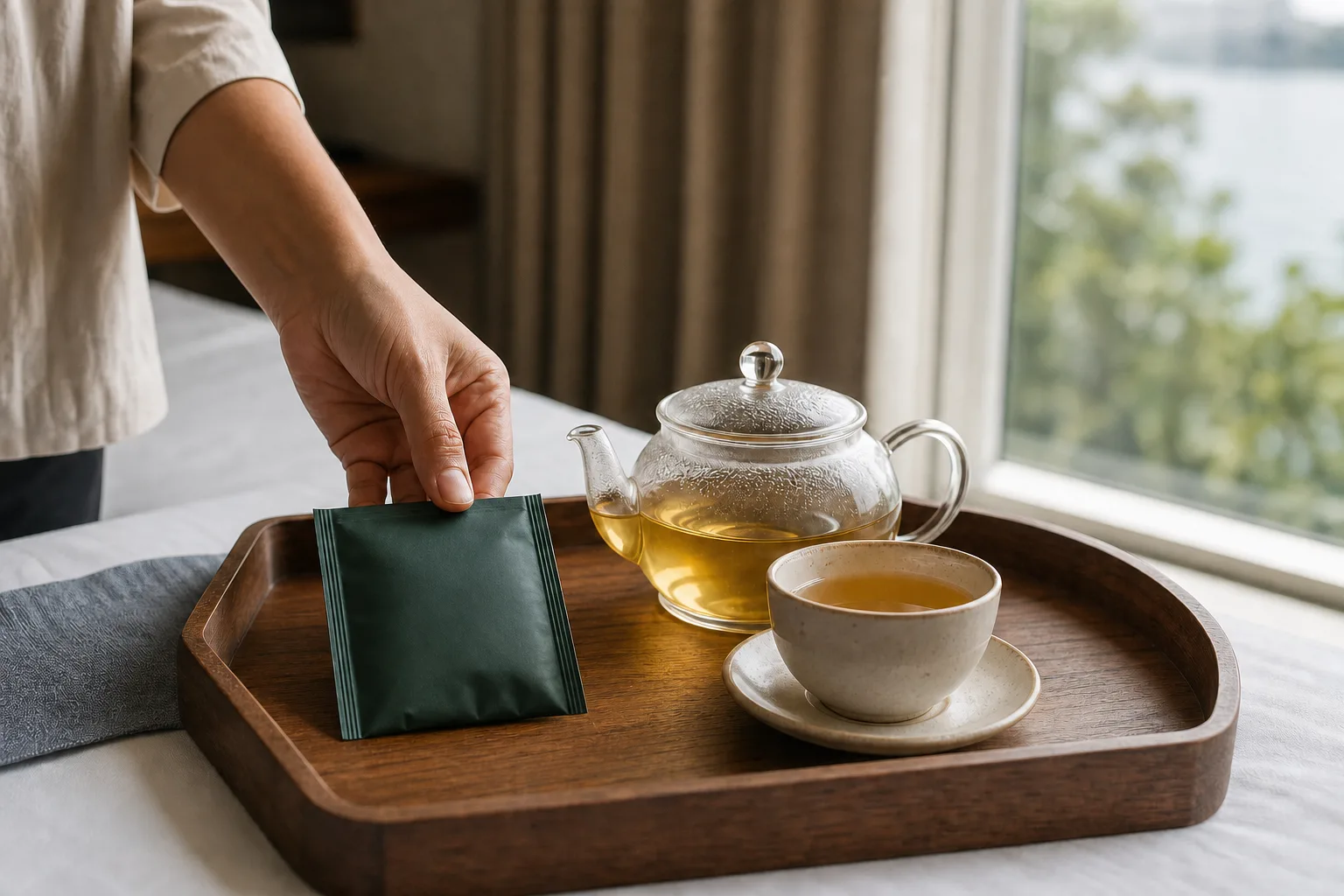 A hand placing an unbranded green tea sachet beside a teapot and cup on a hotel welcome tray