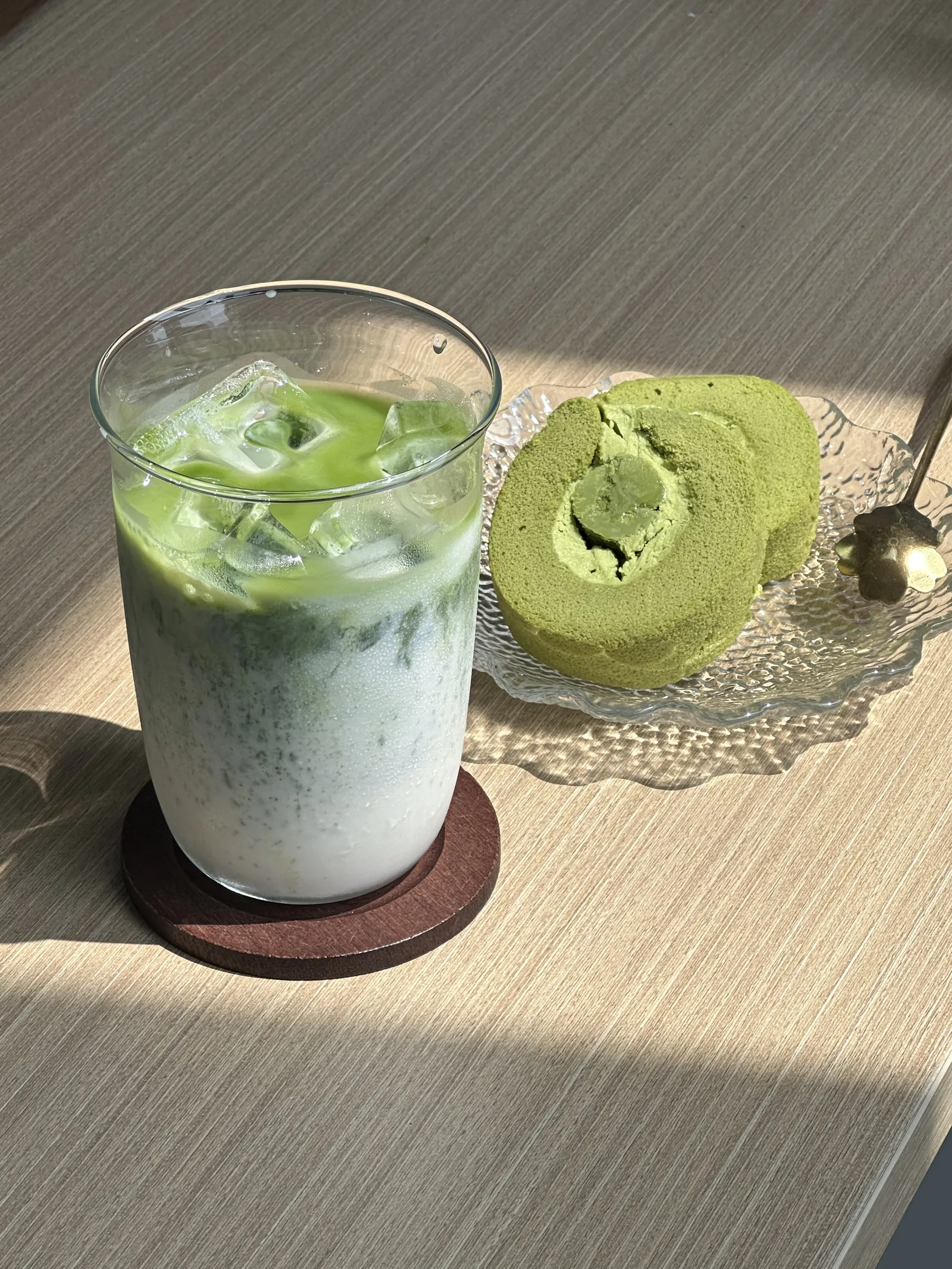 Iced matcha latte in a clear glass