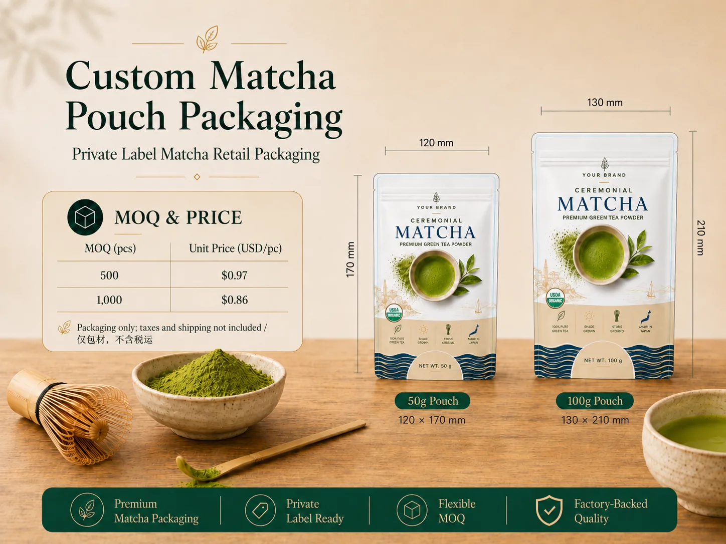 Custom matcha pouch packaging format