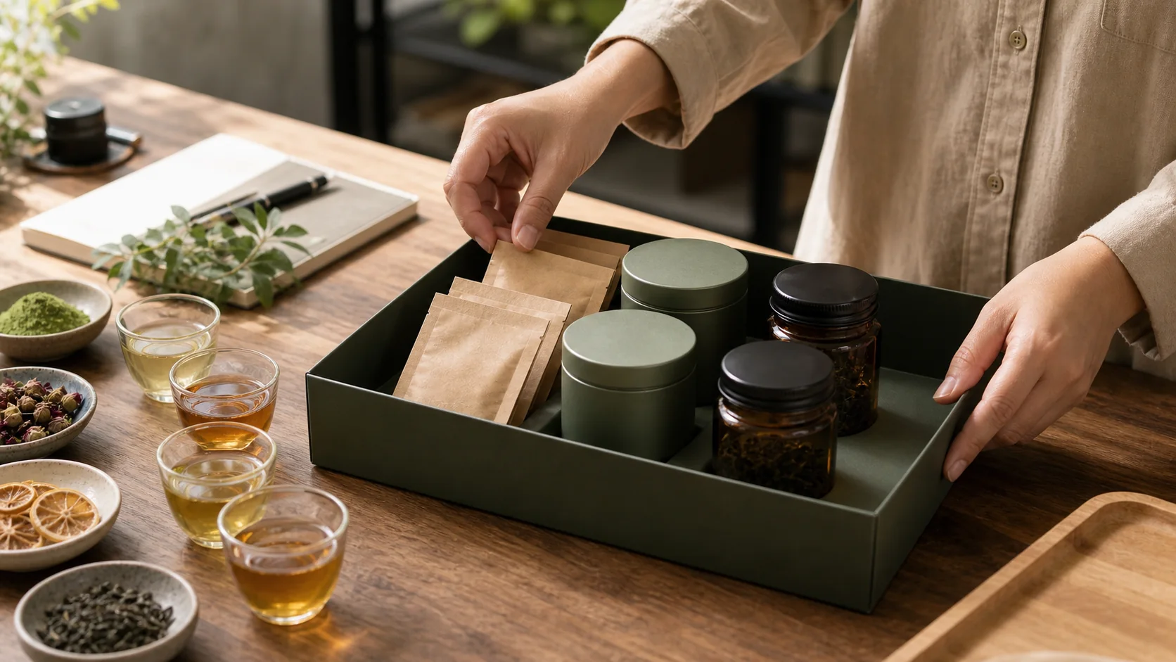 Hands placing unbranded tea sample packaging into a tray with brewed tea cups nearby