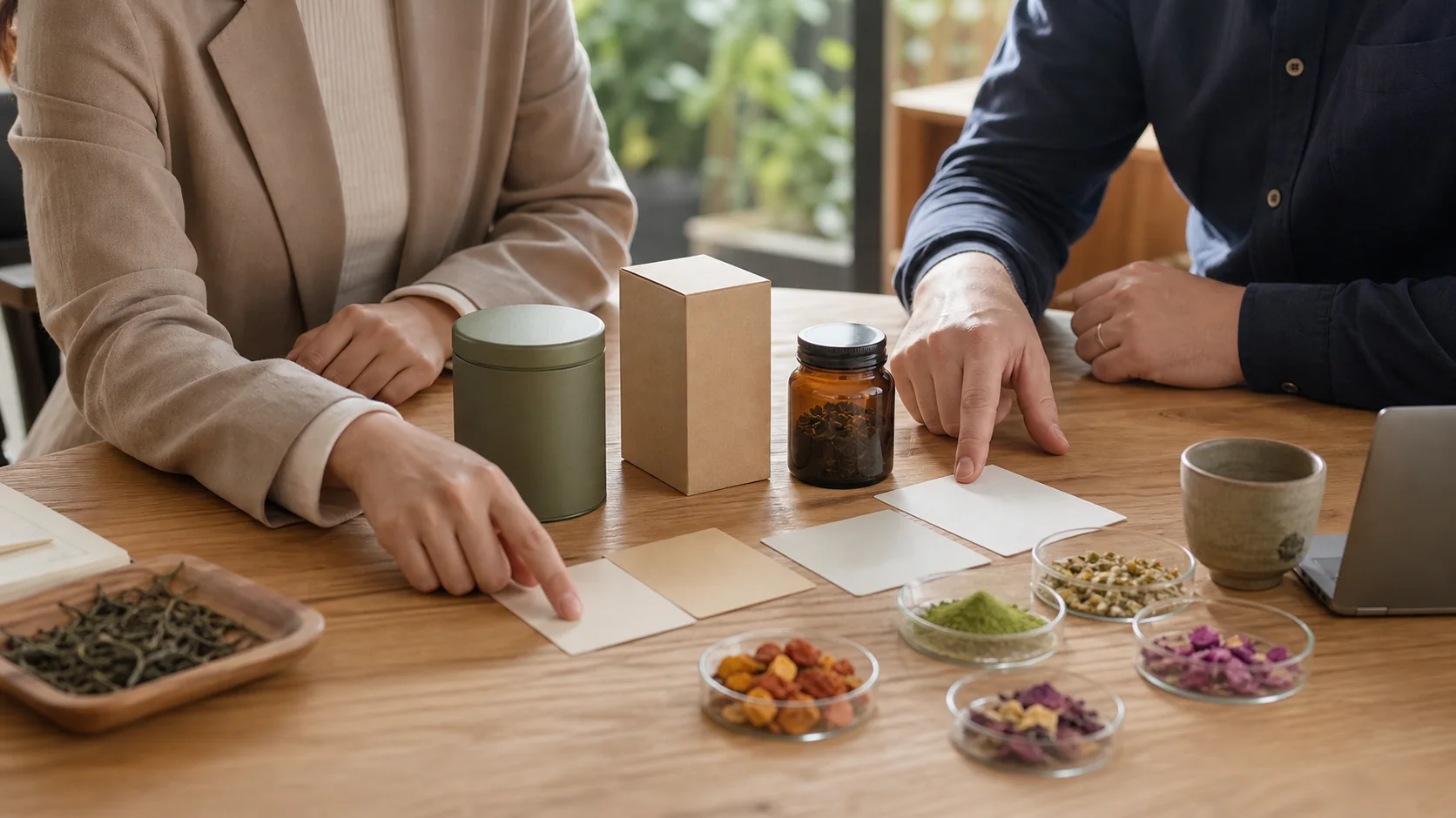 A buyer and product developer reviewing unbranded tea packaging prototypes and samples