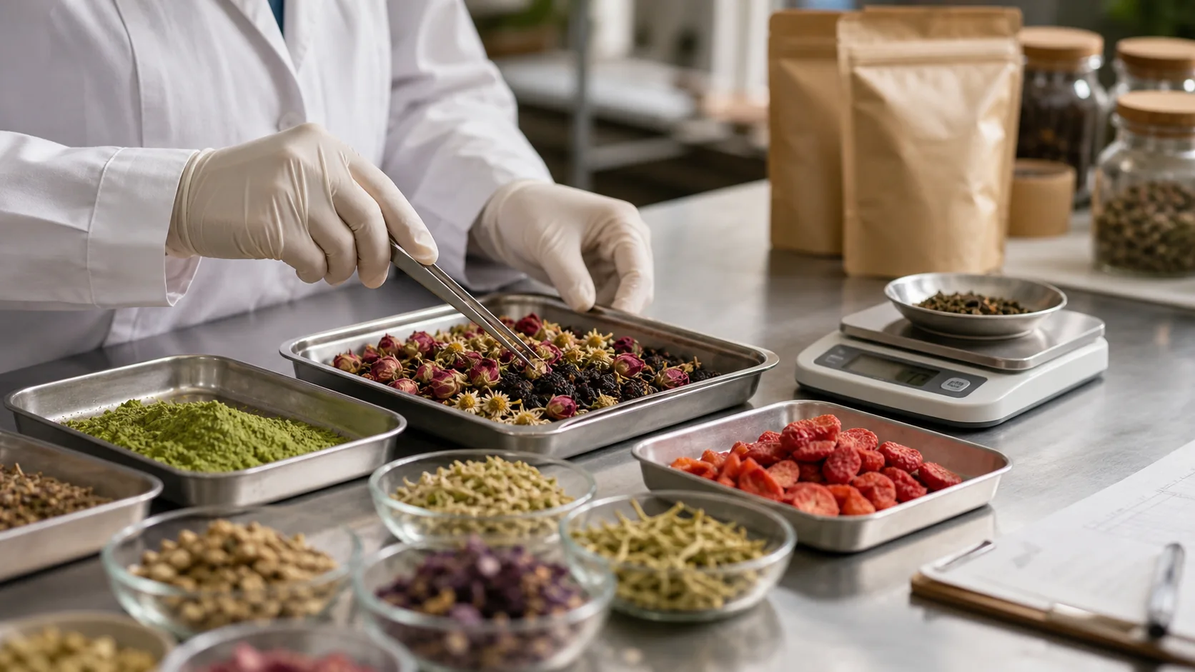 Gloved hands arranging tea ingredients on a staged sample-preparation table
