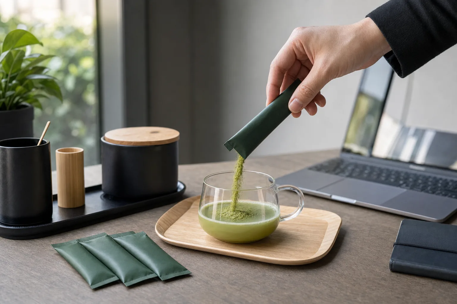 A hand pouring tea powder from a matte green stick pack into a cup at a modern office tea station
