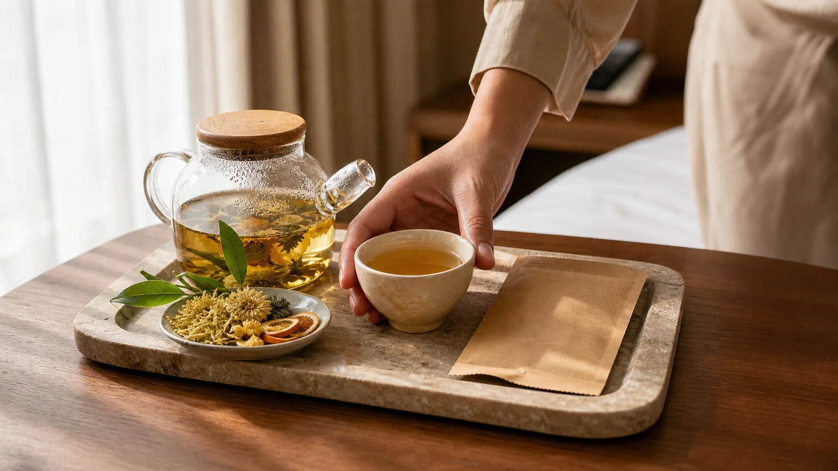 Golden botanical tea on a hotel welcome tray with Chinese substitute tea ingredients