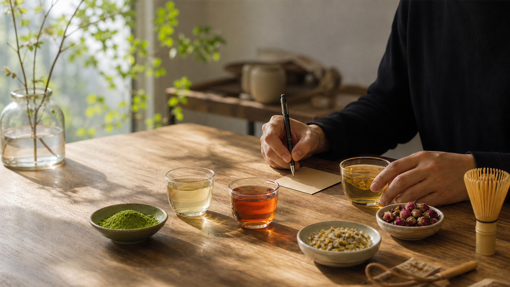 AI-enhanced concept visual of one person writing a tea sample review card beside three tea sample cups in natural light