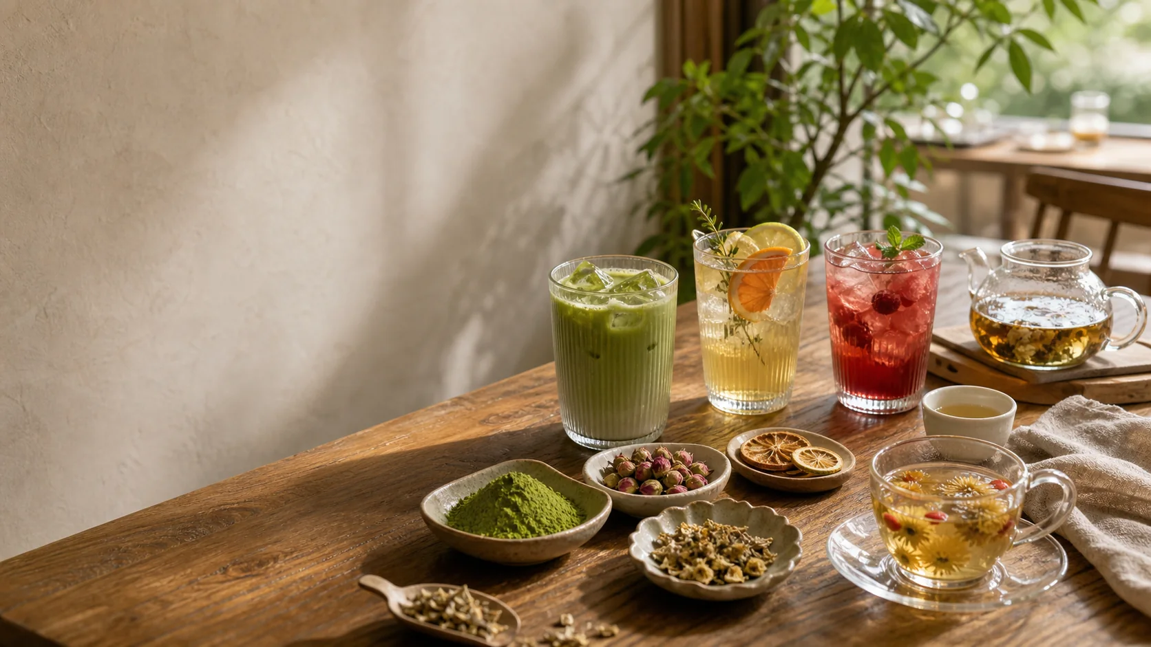 Tea drinks and botanical ingredients arranged in a warm lifestyle tasting scene