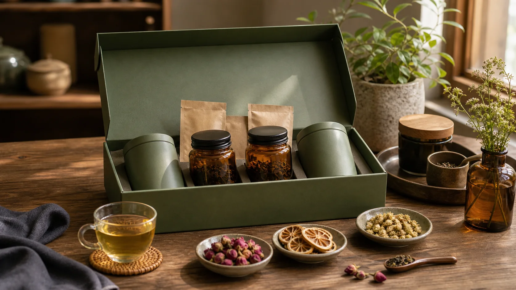 An open matte green tea gift box with tins, jars, a cup of tea, and botanical ingredients