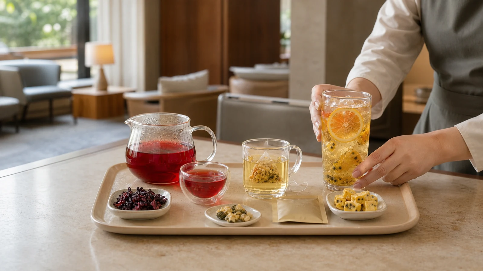Prepared tea service on a hospitality tray with unbranded serving pieces and botanical drink references